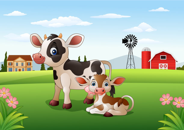 卡通母牛和小牛与农场背景图片下载
