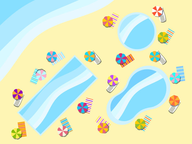 游泳池顶视图日光浴床和雨伞图片下载