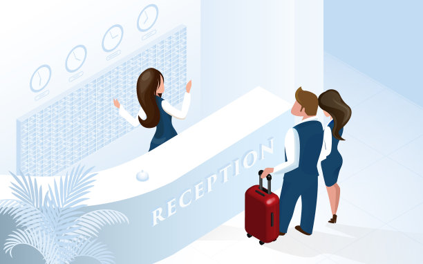 酒店前台接待员迎接新婚夫妇图片下载