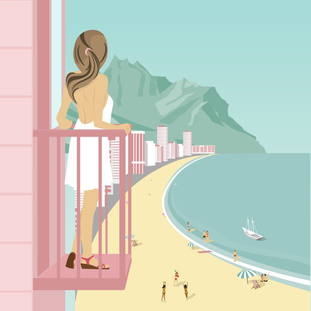 在酒店阳台上看海岸的女人图片下载