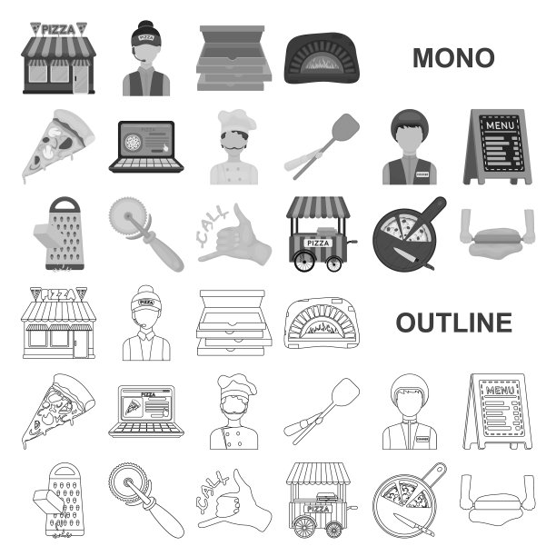 披萨和披萨单色图标设置图片下载