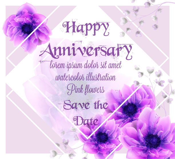 周年纪念卡与粉红色的花水彩画图片下载