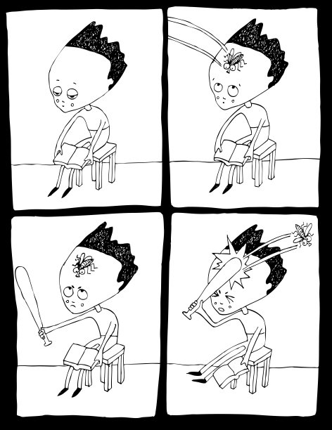 漫画是关于一个拿着棒球棒和一只苍蝇的男孩。插图是黑白相间的，适合在t恤上出版和印刷。图片下载