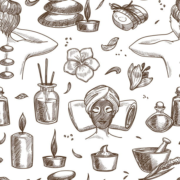 水疗和美容素描无缝图案按摩和图片下载