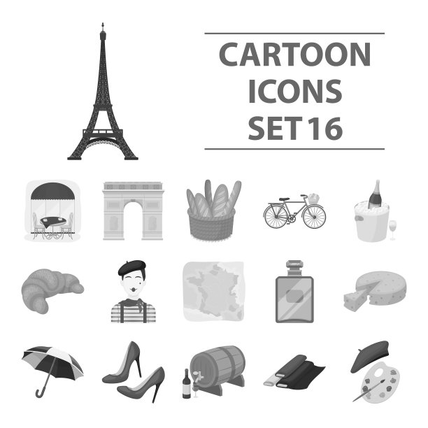 法国国家设置图标在单色风格大图片下载