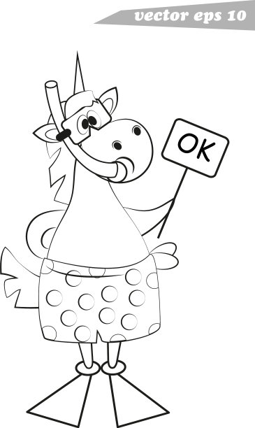 有趣的卡通勾勒出独角兽潜水面罩图片下载