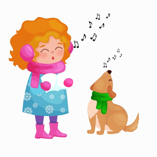 女孩和狗唱着圣诞歌曲和圣诞铃儿图片下载