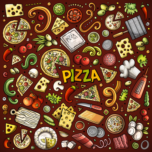 卡通披萨店的对象和符号图片下载