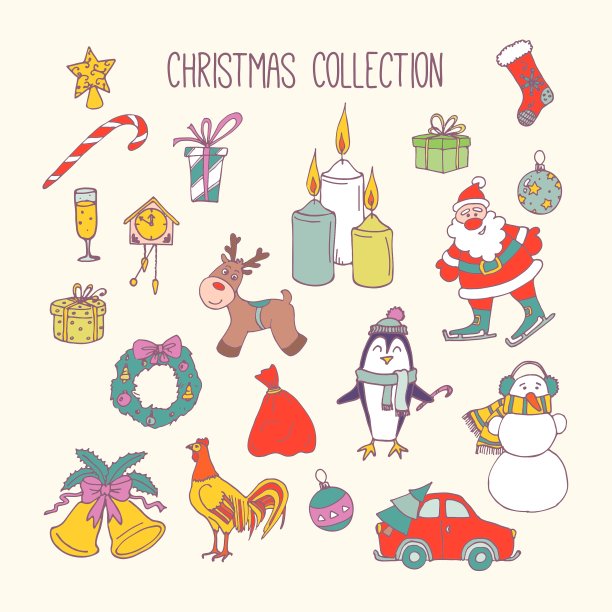 手绘圣诞元素设置冬季假期图片下载