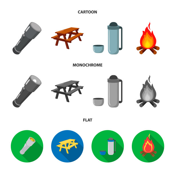 一个手电筒，一张有长凳的桌子，一个热水瓶图片下载