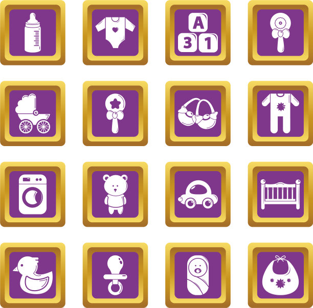 婴儿出生的图标设置紫色的正方形图片下载