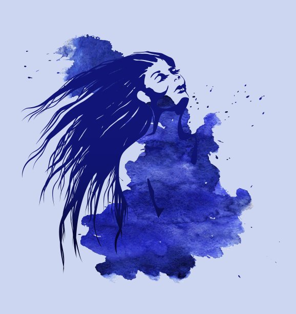 蓝色水彩背景上的女人头像图片下载