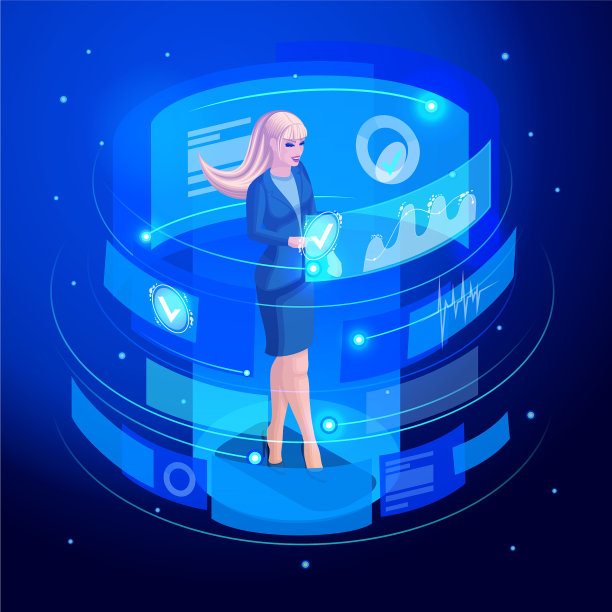 等距型商人在虚拟屏幕上工作图片下载