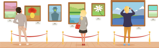 博物馆的参观者在看挂在墙上的画图片下载