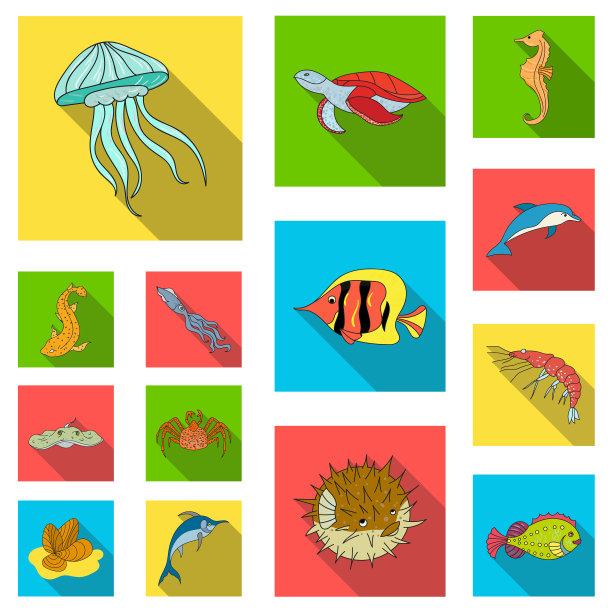 各种海洋动物平面图标设置图片下载