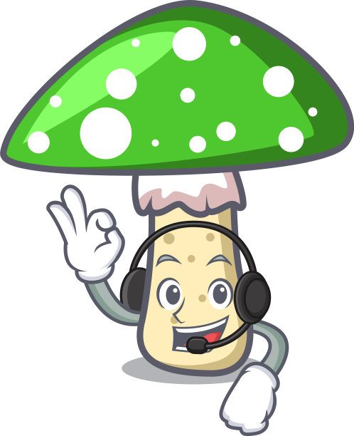 戴着耳机的绿色鹅膏蘑菇吉祥物图片下载