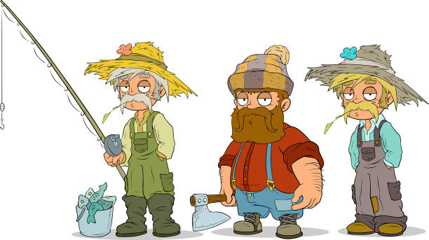 卡通渔夫，农民，伐木工角色设定图片下载