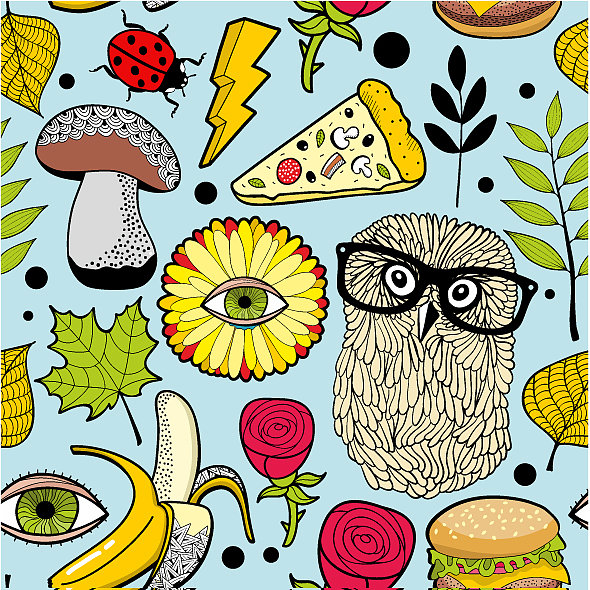 五颜六色的背景与快餐和森林鸟图片下载