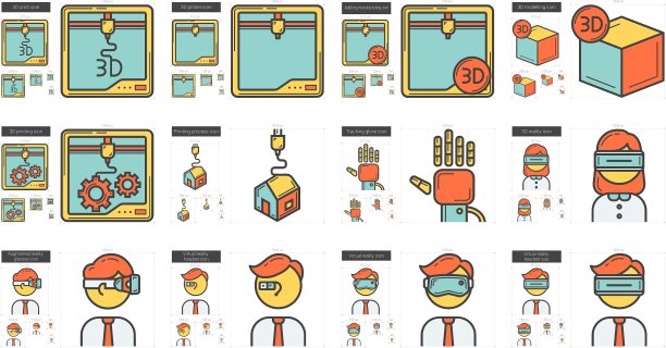 虚拟现实和3D技术线性图标集图片下载