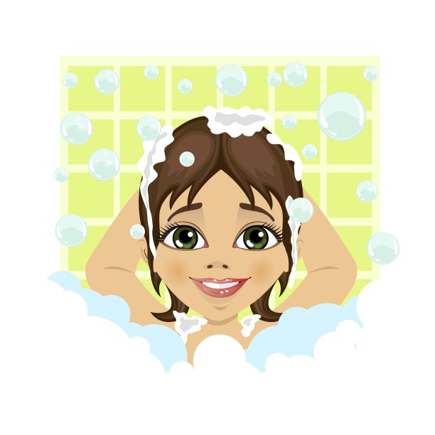 可爱的小女孩在用肥皂泡沫洗头图片下载