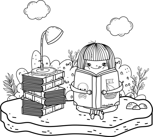 快乐的小女孩在田野里看书图片下载