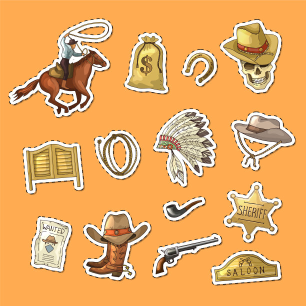手绘狂野西部牛仔贴纸套装图片下载