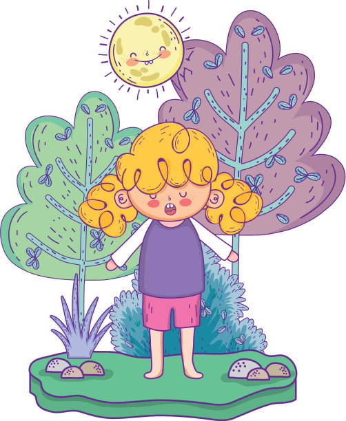 可爱的小女孩和太阳卡哇伊在风景图片下载