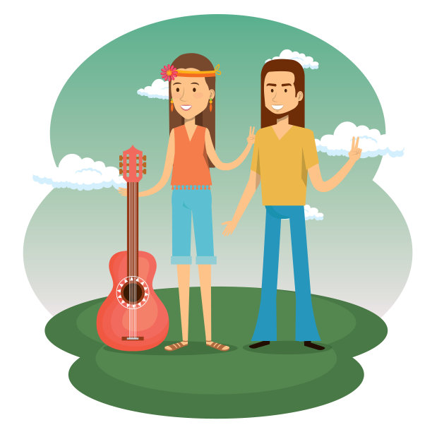 一对嬉皮士玩吉他的生活方式的角色图片下载