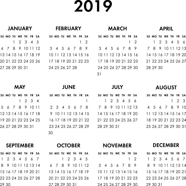 日历2019年在一个白色的背景周图片下载