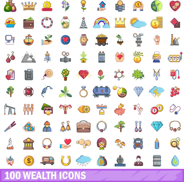 100个财富图标设置卡通风格图片下载