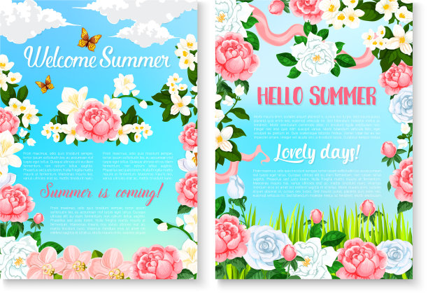 你好夏季卡通海报与玫瑰花图片下载