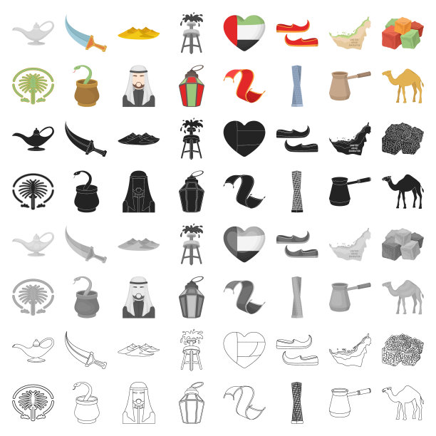 阿拉伯酋长国设置图标卡通风格大图片下载