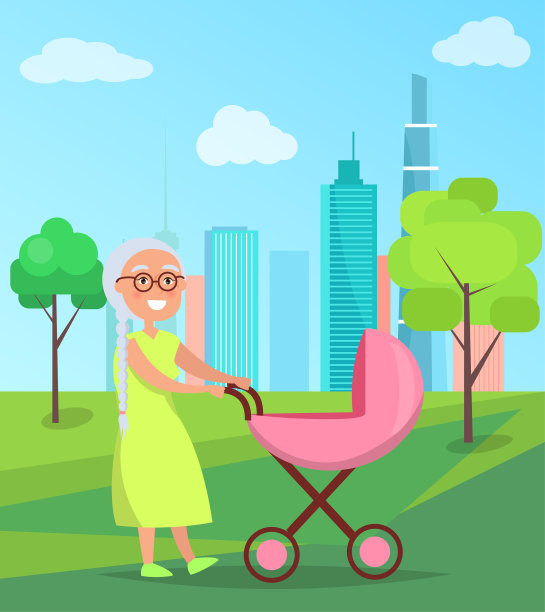 祖母和婴儿车里的新生儿一起散步图片下载