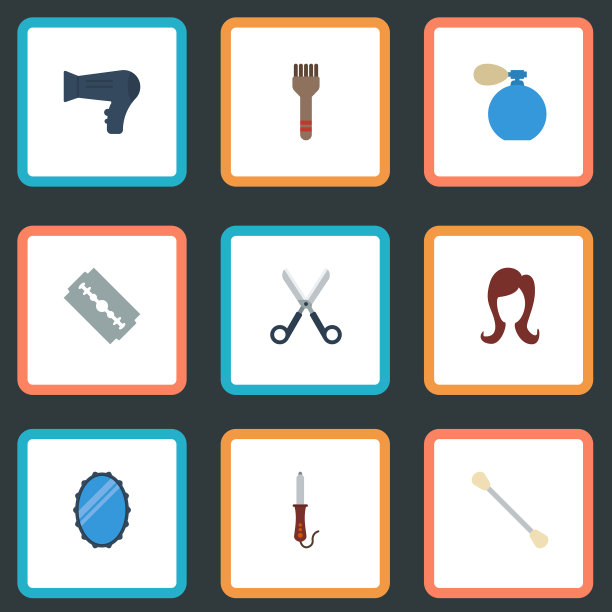 平面图标、剃刀、剪子、镜子等图片下载