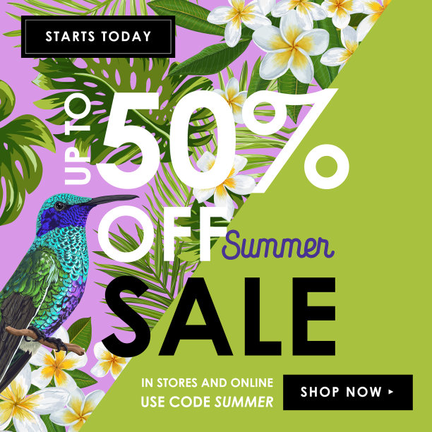 印有热带花卉和鸟类的夏季销售横幅图片下载