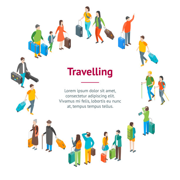 等距旅行人物人物旗帜卡图片下载