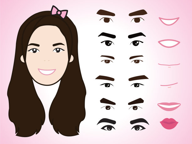 卡通可爱的女孩角色包装面部情绪图片下载