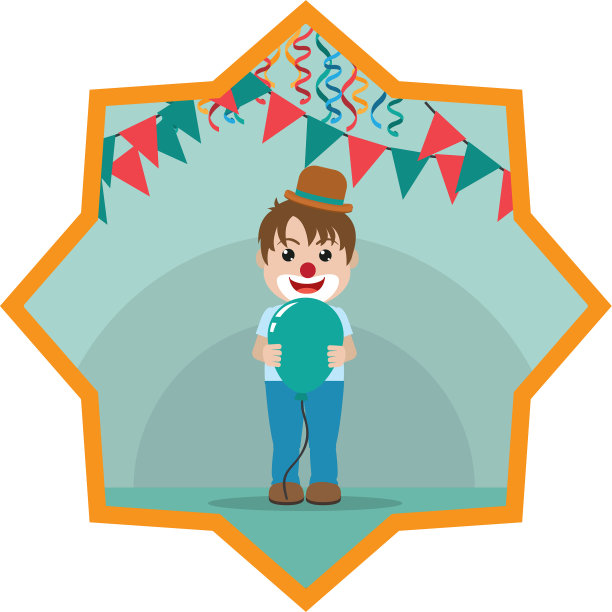 滑稽的小丑男孩拿着气球和派对旗帜图片下载