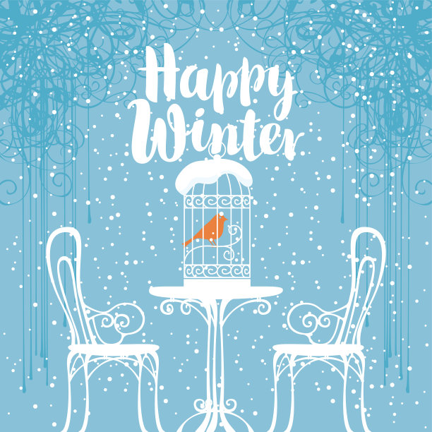 桌上放着笼子里有鸟的冬季横幅图片下载