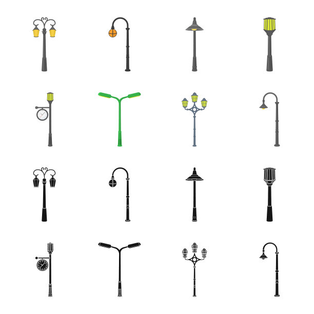 灯柱中有复古风格的现代灯笼和火把图片下载