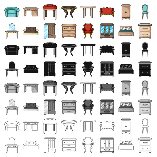 家具和家庭室内设置卡通图标图片下载