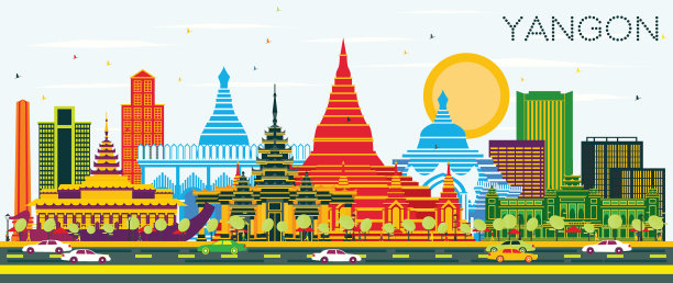仰光缅甸城市天际线与彩色建筑图片下载