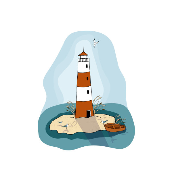 矢量插图与图像上的海边灯塔，船，海鸥，芦苇在复古风格。设计印刷明信片，海报，马克杯，衣服，织物图片下载