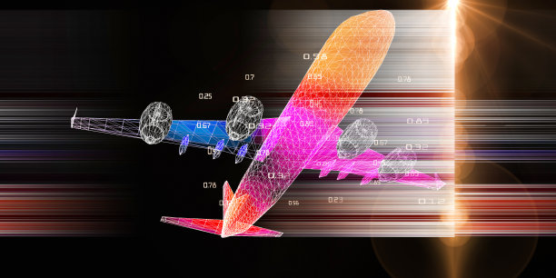 抽象的数字三维网格飞机与模糊的线条在黑色的背景。线框网格平面分析概念与镜头效果。大数据。横幅旅游，旅游，交通。图片下载