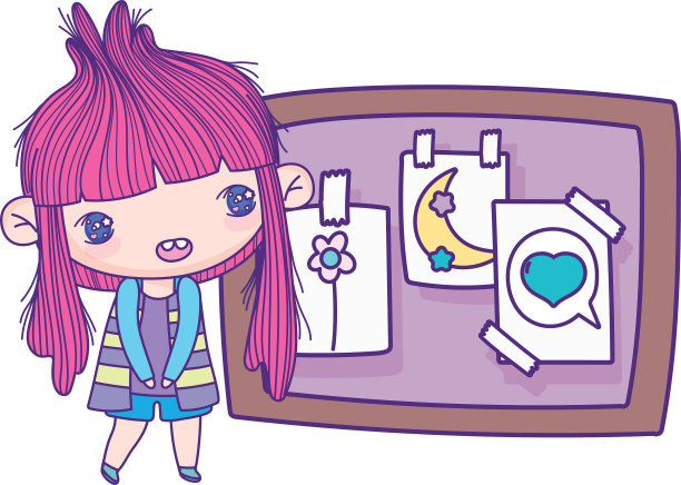 可爱的小女孩卡通和画板与图纸图片下载