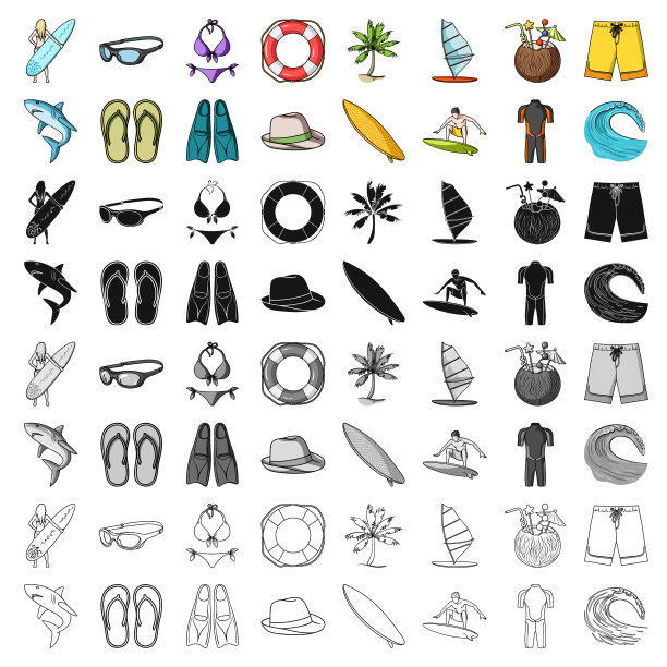 冲浪集图标在卡通风格大收集图片下载