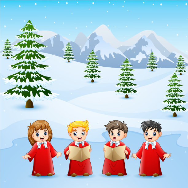 快乐的孩子穿着红色的服装在雪地里唱歌图片下载