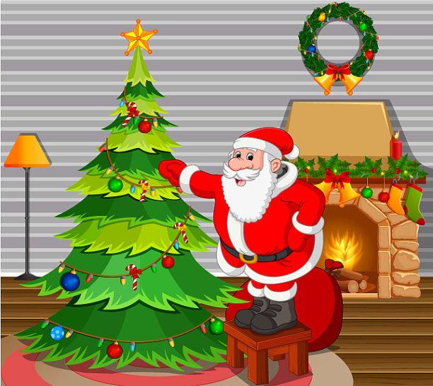圣诞老人和圣诞树在客厅图片下载