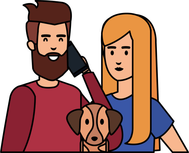 一对年轻夫妇和智能手机和狗图片下载