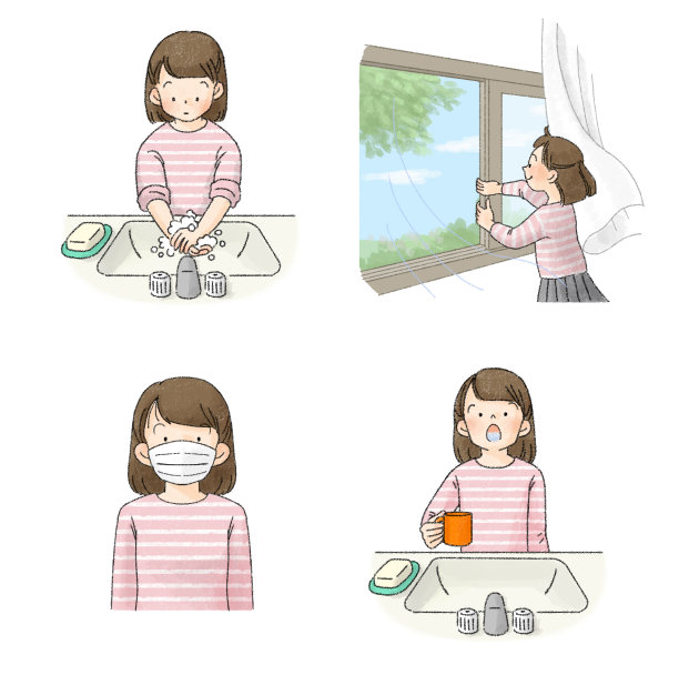 预防感染的插图(含漱液、洗手液、外科口罩、通风)(女学生)素材图片